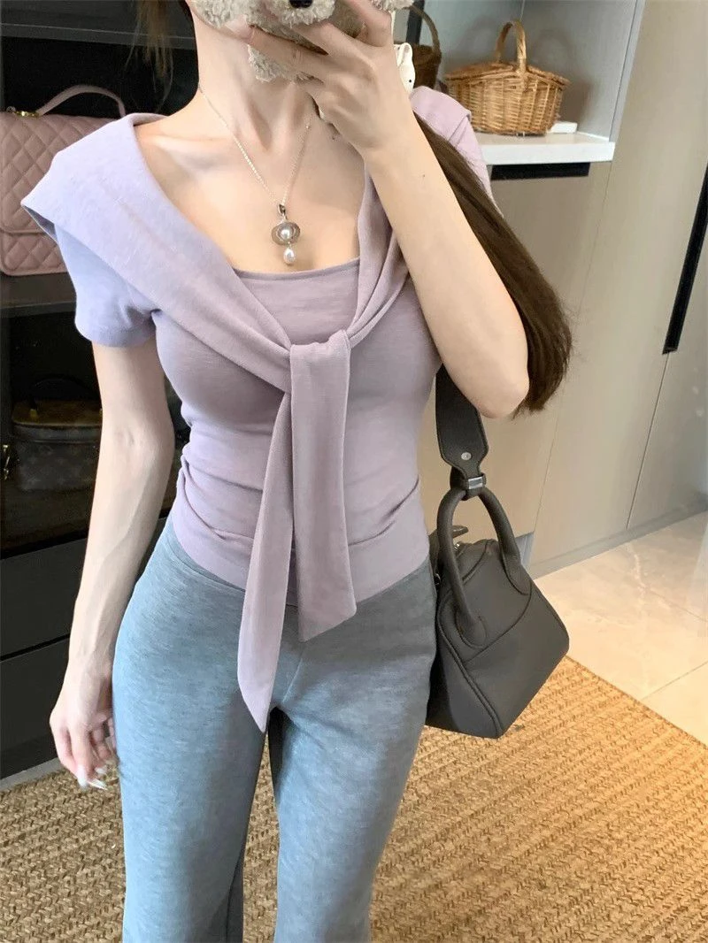【8645】胖mm紫色正肩v领收腰短袖T恤女2025辣妹修身显瘦短款上衣