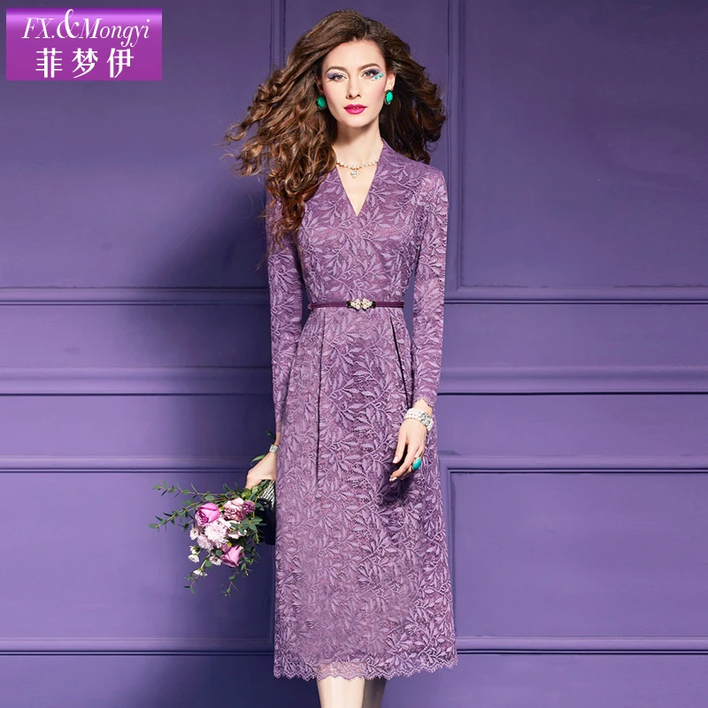菲梦伊重工刺绣蕾丝秋冬新款优雅气质时尚连衣裙61775