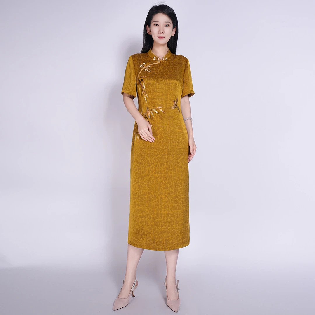 浒城古娘中式夏立领妈妈旗袍百搭气质翠竹香云纱连衣裙HBSS050254