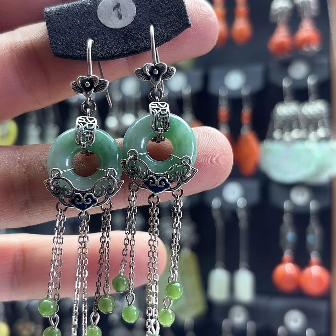 翡翠耳饰银S925镶嵌M**天然翡翠耳饰925银