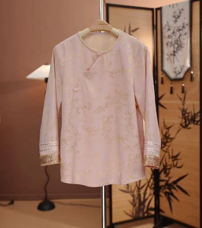 【清欢】新中式国风粉色减龄圆领斜襟2025新款百搭提花上衣