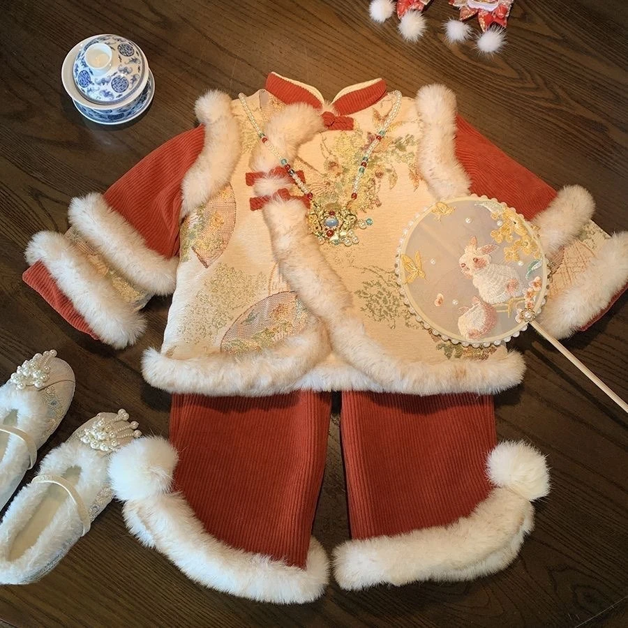【加厚】国风套装拜年服2025新款冬装小童女宝宝洋气两件套新年汉服