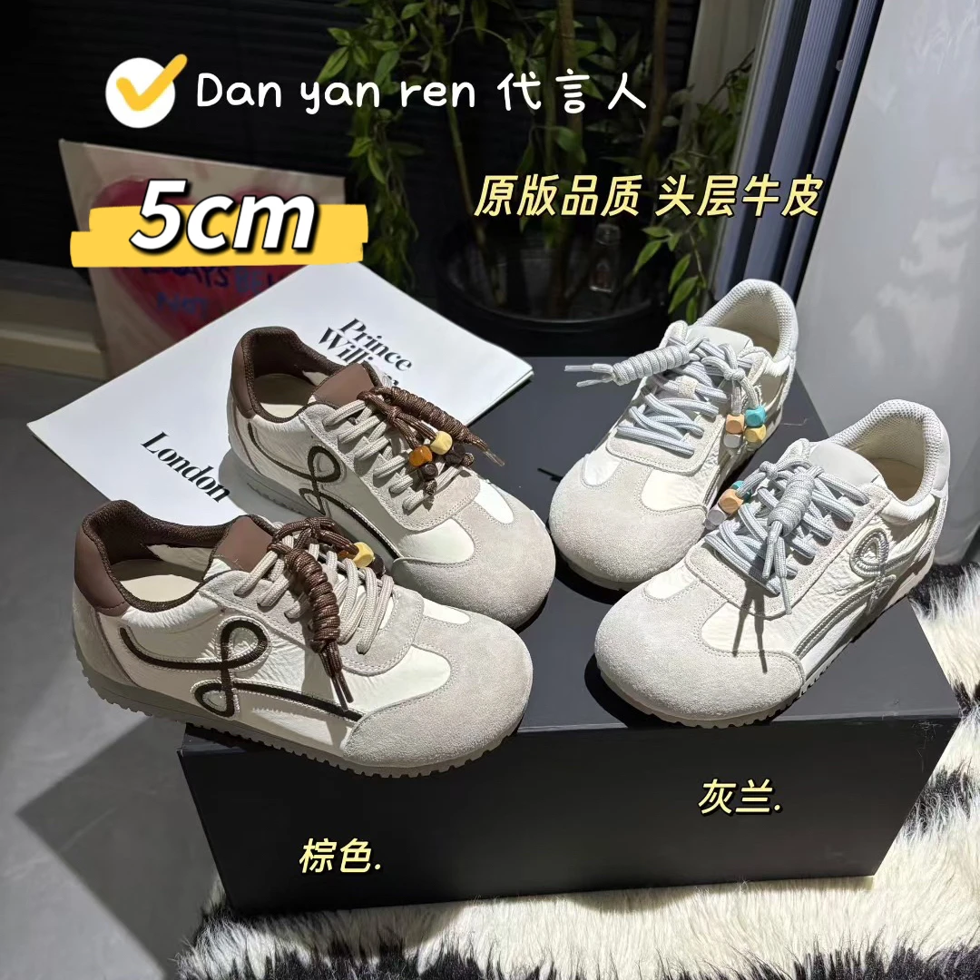 【代言人】2025新款韩版圆头复古ins风真皮德训鞋女小白鞋 5cm