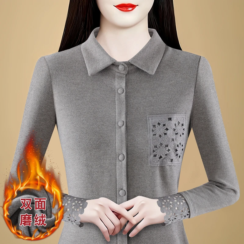 设计感双面绒衬衫领上衣女2025秋冬新款复古时尚百搭显瘦长袖衬衣