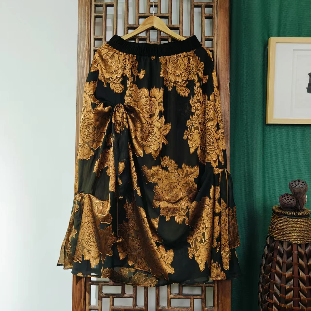 （LK131-1）凤徕兮私人定制黑底咖金牡丹花全松紧加衬半身裙