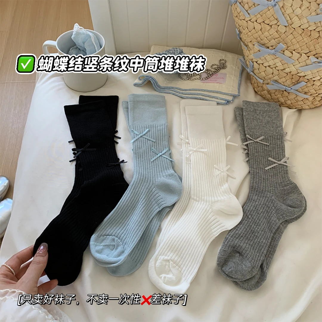 芭蕾风薄袜子女春夏款丝带蝴蝶结miu系纯色中筒堆堆袜气质中筒袜