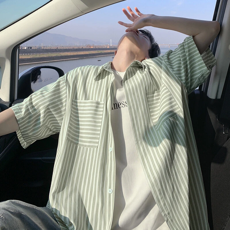 夏季潮牌大码绿色条纹短袖衬衫宽松男款美式衬衣加大码显瘦衬衫