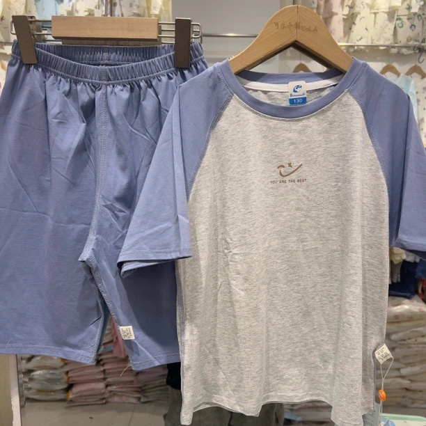 家居服套装男孩睡衣女童空调服睡衣睡裤套装短袖短裤擦肩袖简单