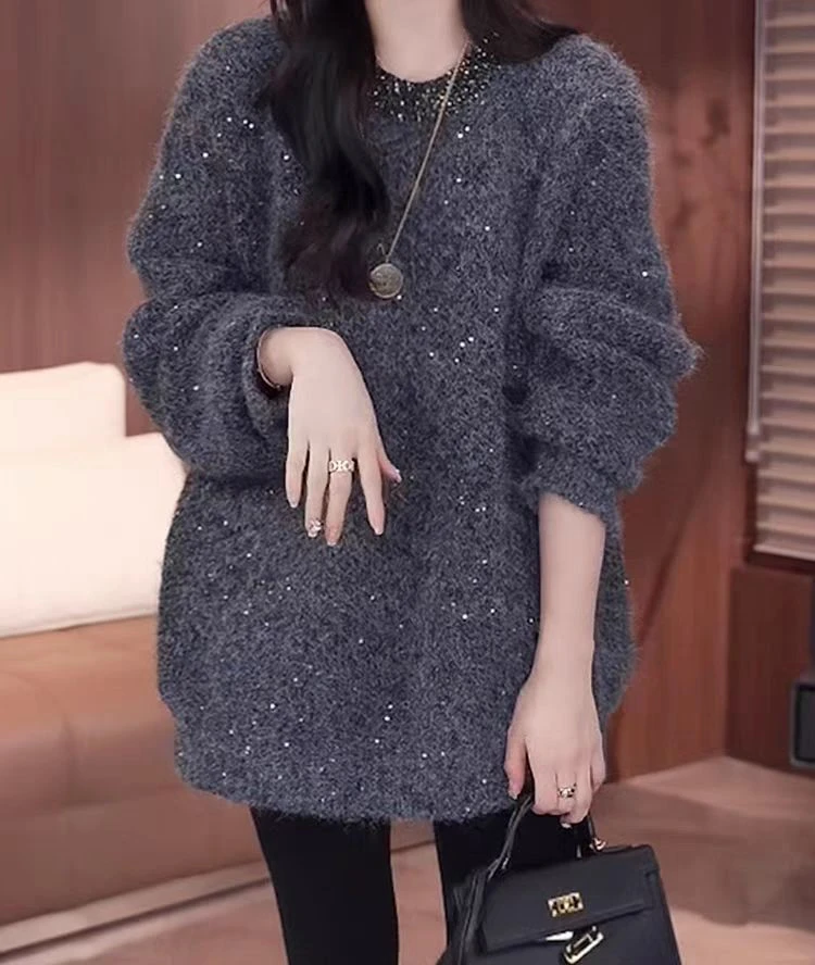 冬装新款小众设计感领口亮片慵懒风百搭宽松圆领套头毛衣针织衫女