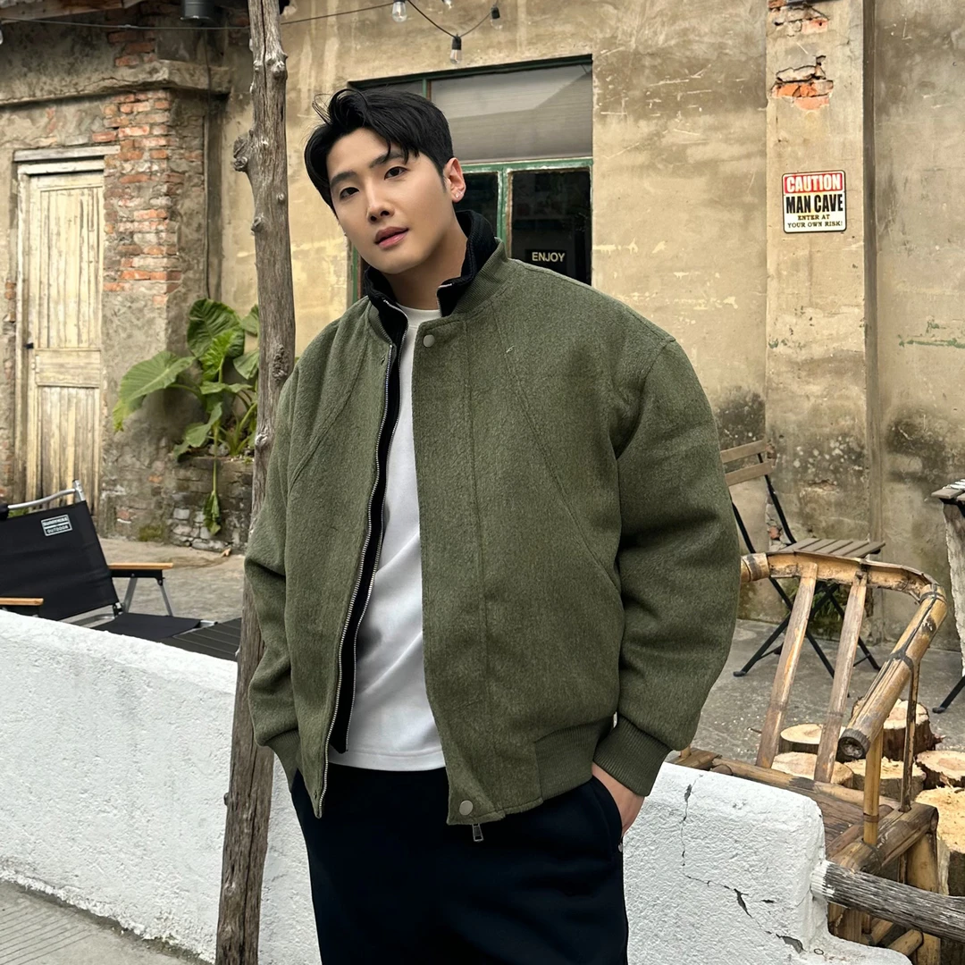 韩国男装 加厚法兰绒呢料夹克外套棉衣 假两件阔版休闲呢料棉服