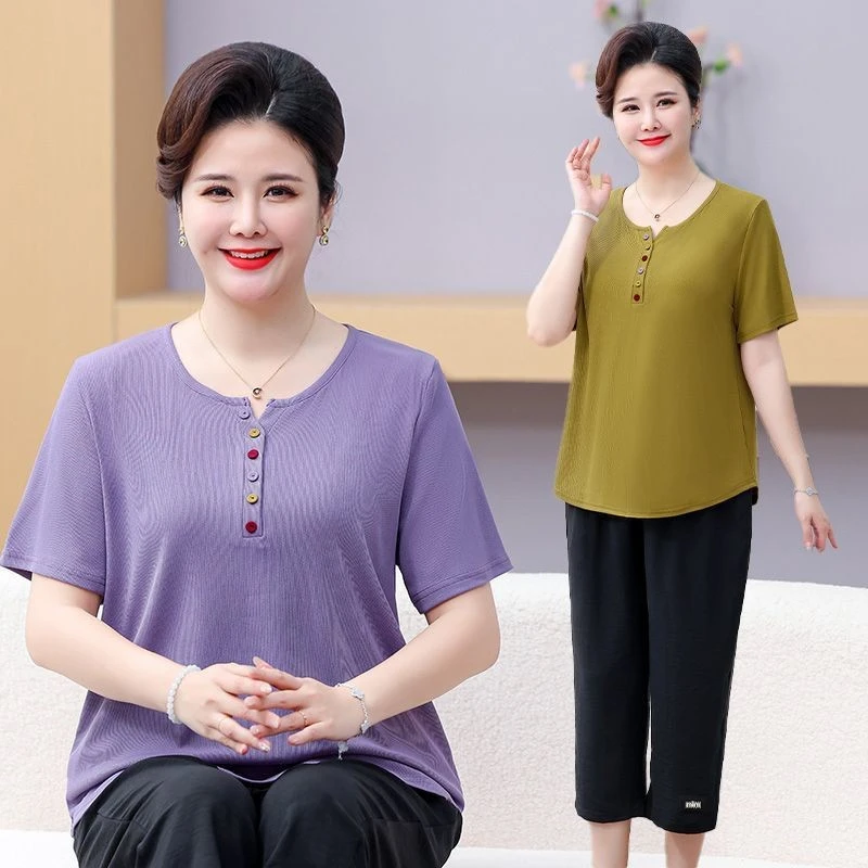 妈妈t恤衫夏装短袖时尚休闲宽松中老年新款加肥加大码显瘦上衣女