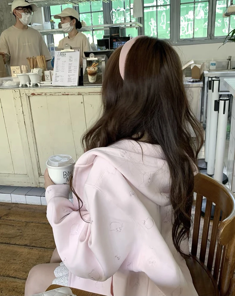 【重工猫咪万针刺绣重磅卫衣】连帽拉链宽松慵懒卫衣外套女