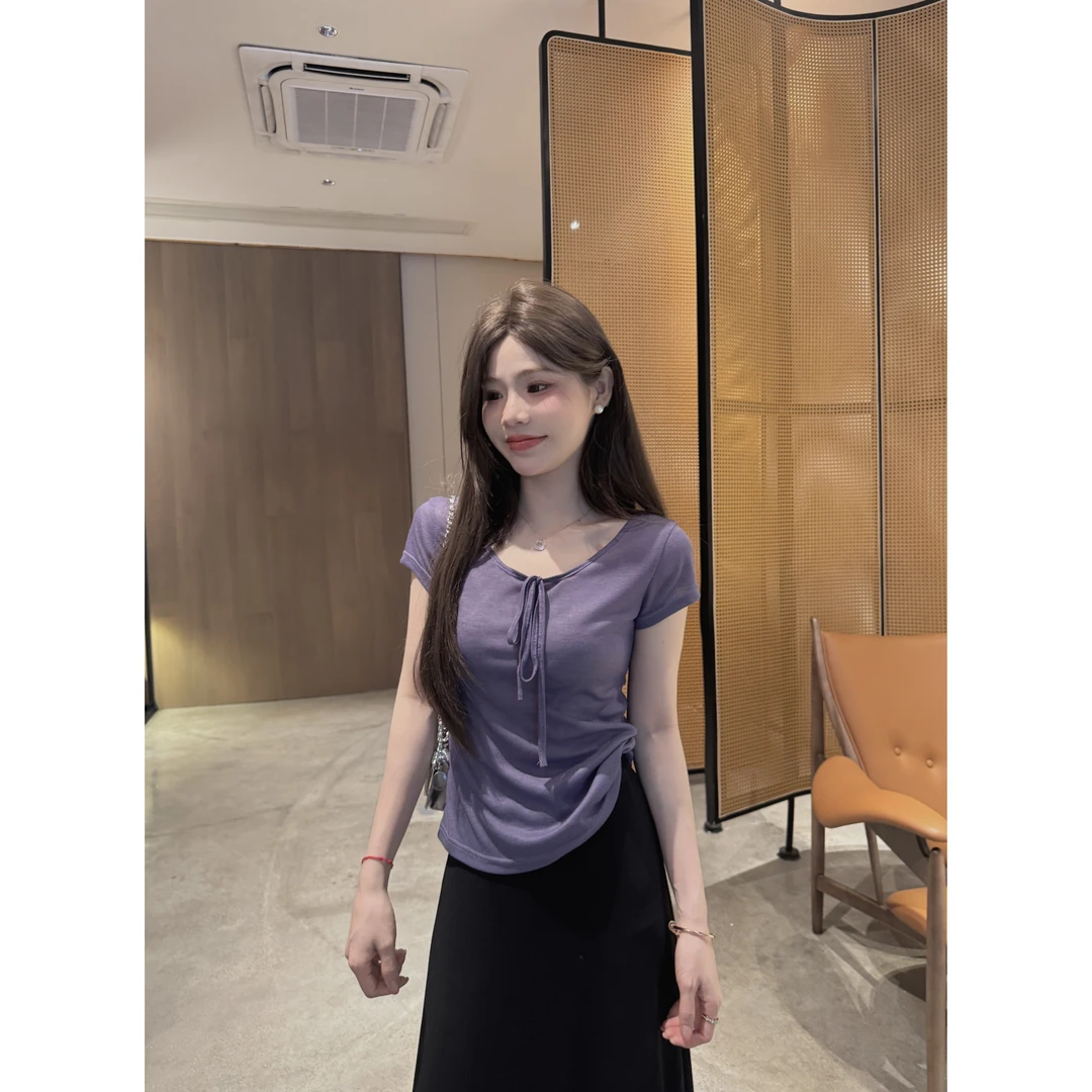 CJJ【面膜T】夏季设计款显瘦领口系带短袖时尚百搭气质修身柔软上衣