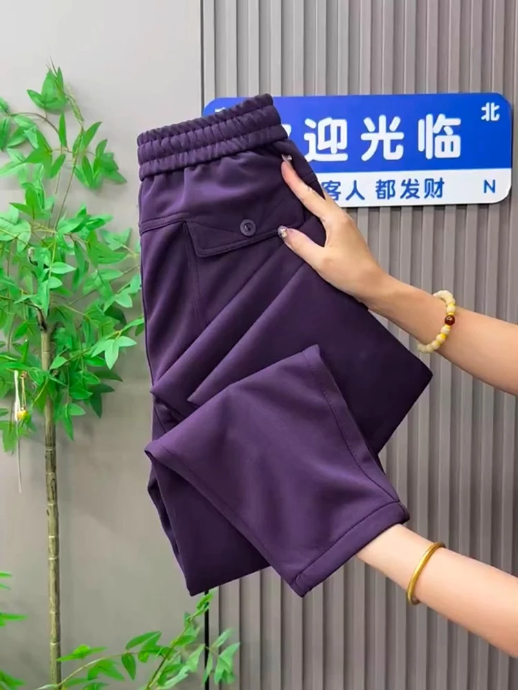 宽松格纹显瘦秋季口袋休闲裤女款大码高腰长裤薄款哈伦裤直筒裤子