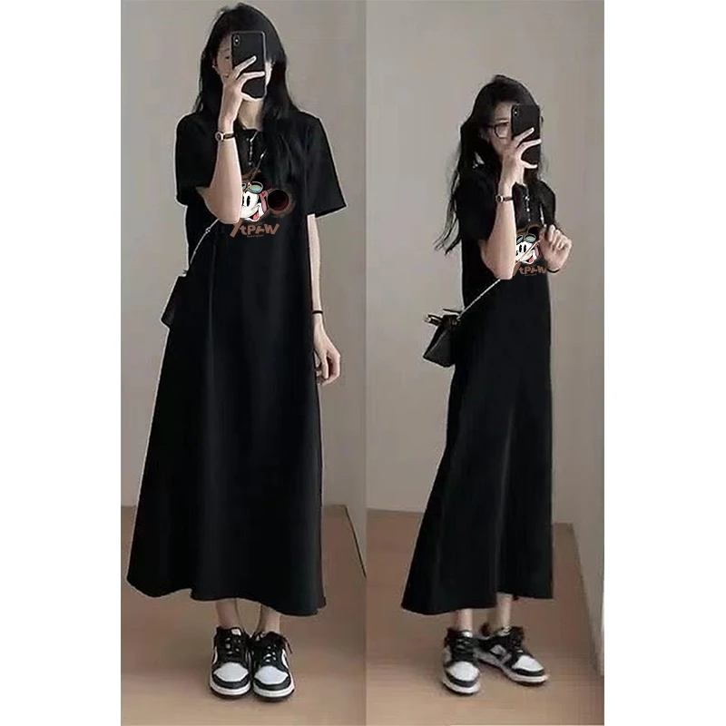 夏季宽松大码正肩长款黑色短袖t恤连衣裙女胖MM遮肉减龄显瘦长裙