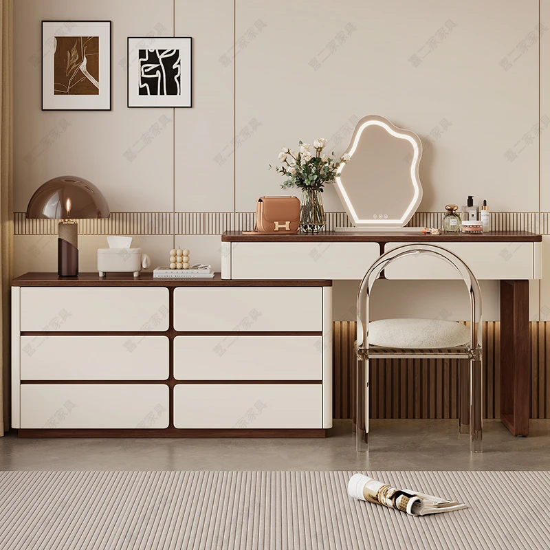 喜二家法式浪漫梳妆台卧室家用斗柜一体胡桃色简约可收纳化妆桌