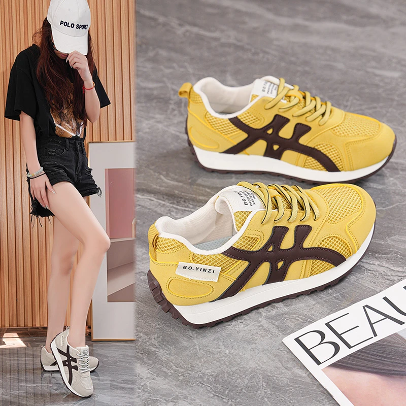 2025春夏休闲德迅轻奢小众百搭透气网面运动女鞋软底软面女鞋