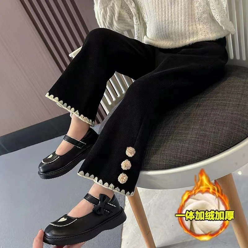 女童宽松裤子时尚儿童秋冬季洋气加厚裤一体绒加绒长裤冬装喇叭裤