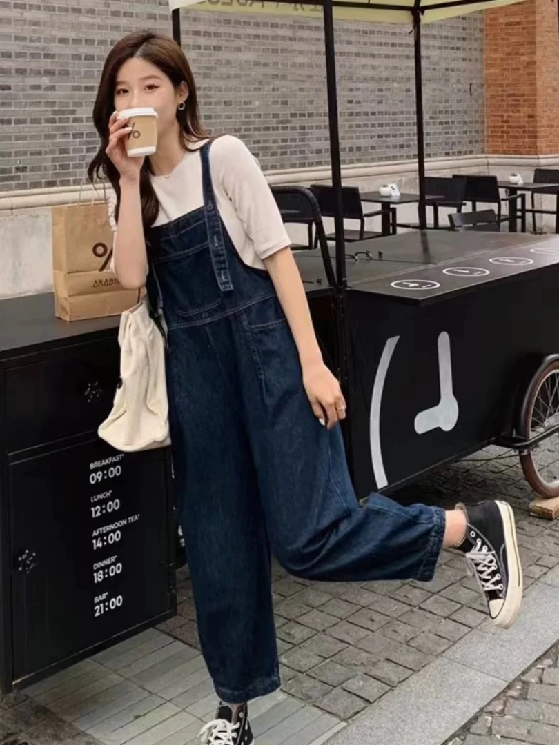 复古背带牛仔裤吊带连体裤宽松直筒高腰阔腿裤#6691