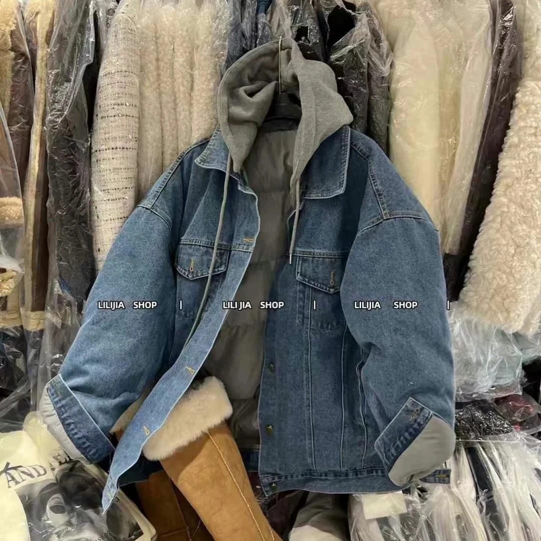 秋冬新款休闲简约夹羽羽内胆连帽可拆卸复古风夹牛仔衣外套