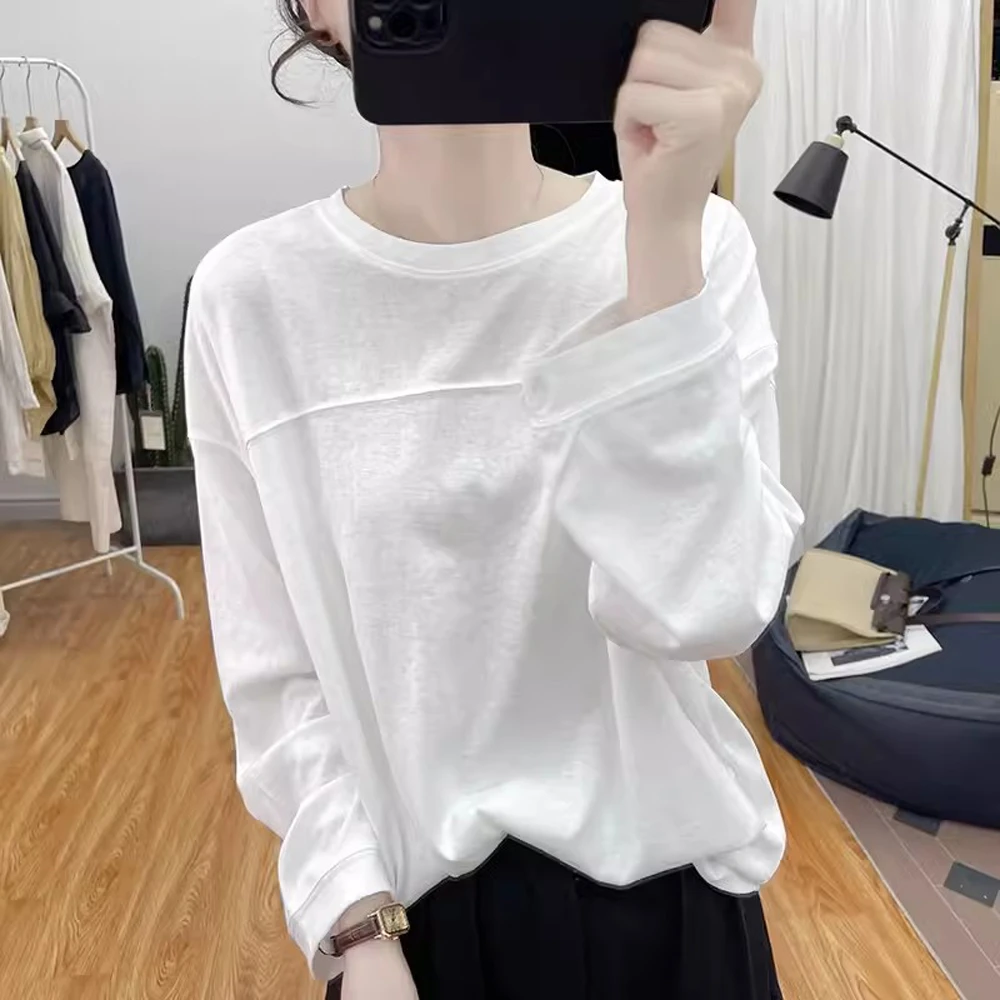 秋季新款休闲雪花棉长袖T恤女圆领宽松百搭简约上衣基础款打底衫