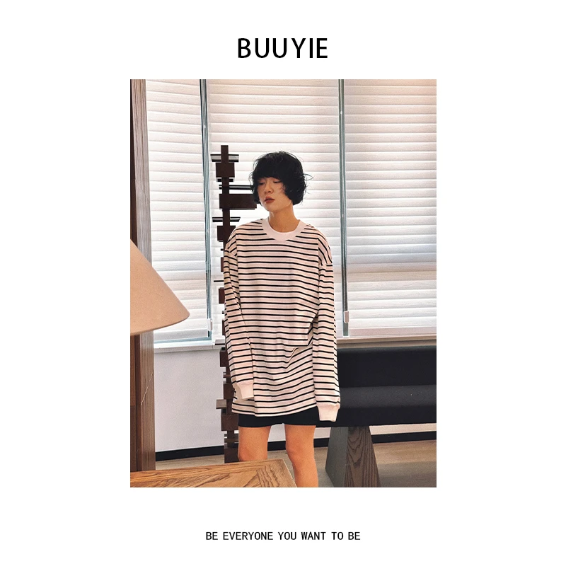 BUUYIE 25SS【柔里】全棉宽松休闲黑白条纹长袖T恤 250229