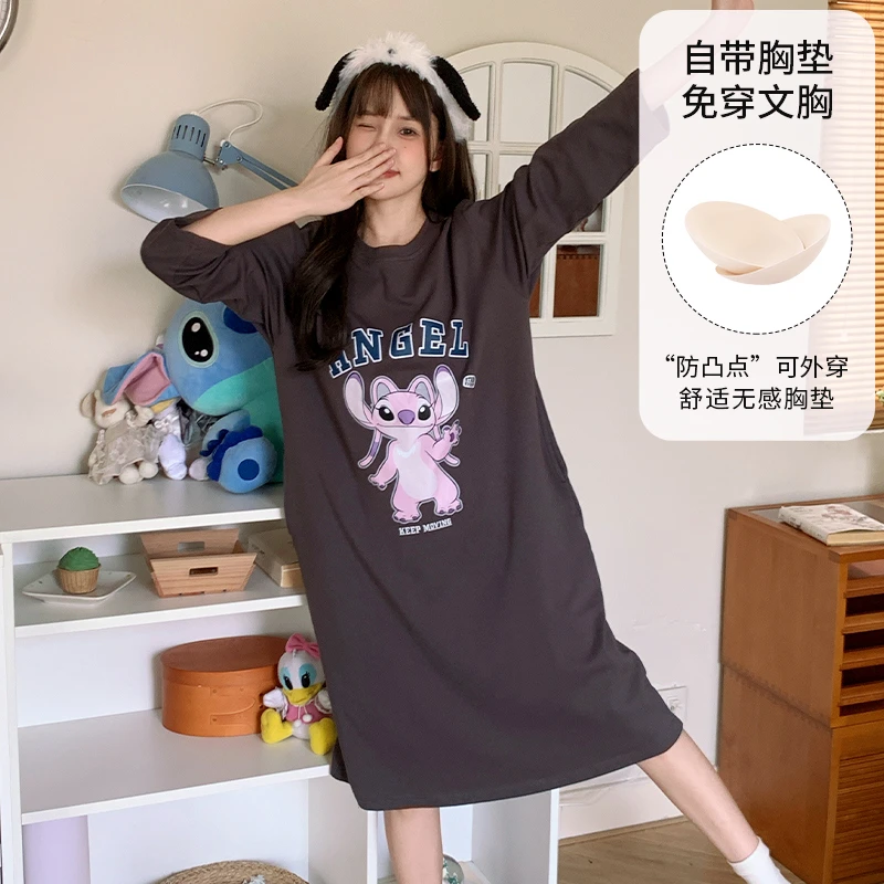 Disney/迪士尼春秋套头长袖带胸垫睡衣女宽松休闲纯棉家居服0156