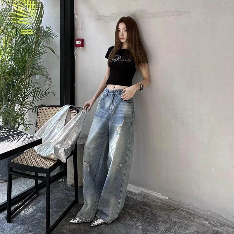 复古做旧破洞水洗磨破设计牛仔裤女2025新款宽松高腰显瘦拖地裤子