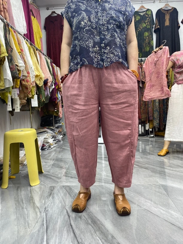 文艺复古亚麻女裤宽松百搭八分系带哈伦老爹裤薄款