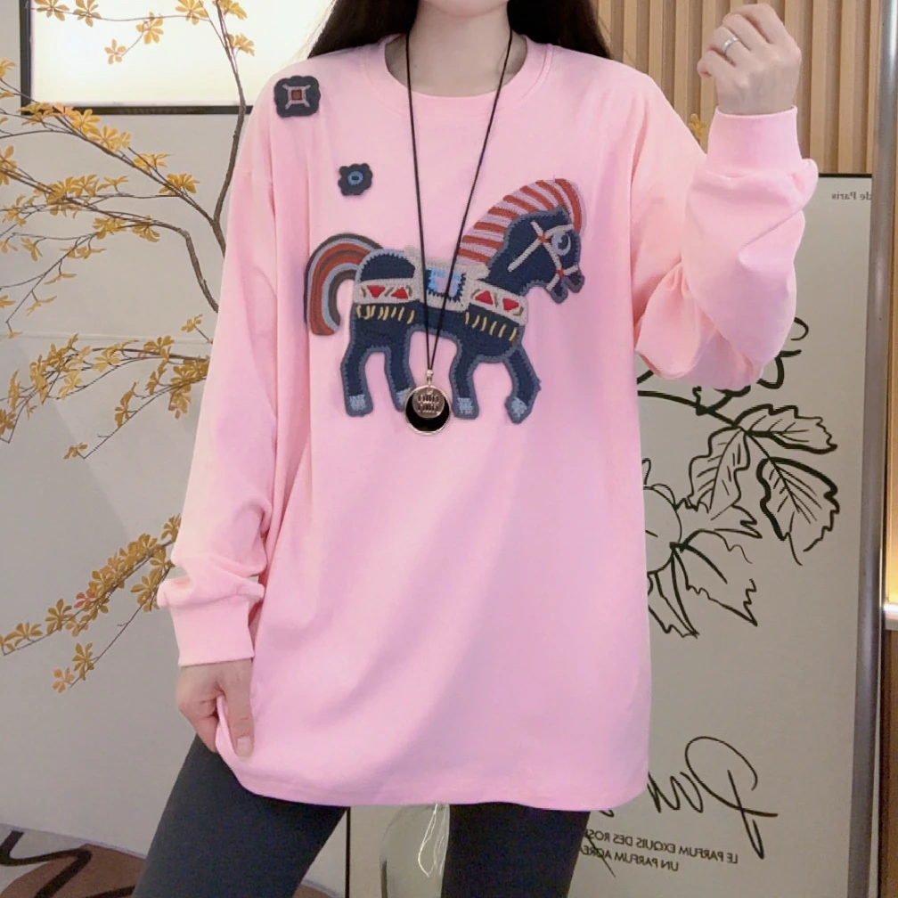 2025秋冬新款网红小马图案T恤宽松休闲百搭长袖上衣女6515#