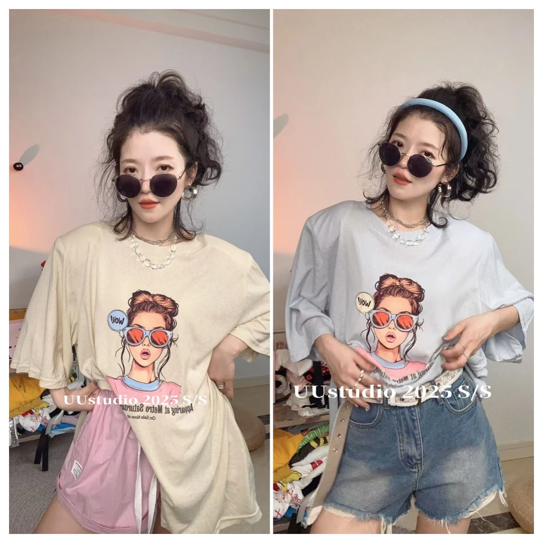 夏季宽松型T恤白色轻职风圆领牛仔短袖重工丹宁风