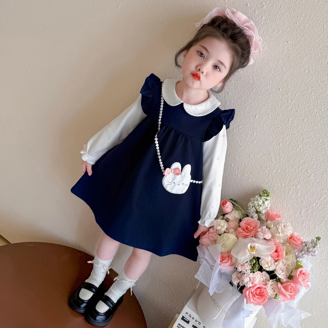 女童连衣裙秋装2025新款洋气儿童假两件公主裙宝宝韩系花边长袖裙