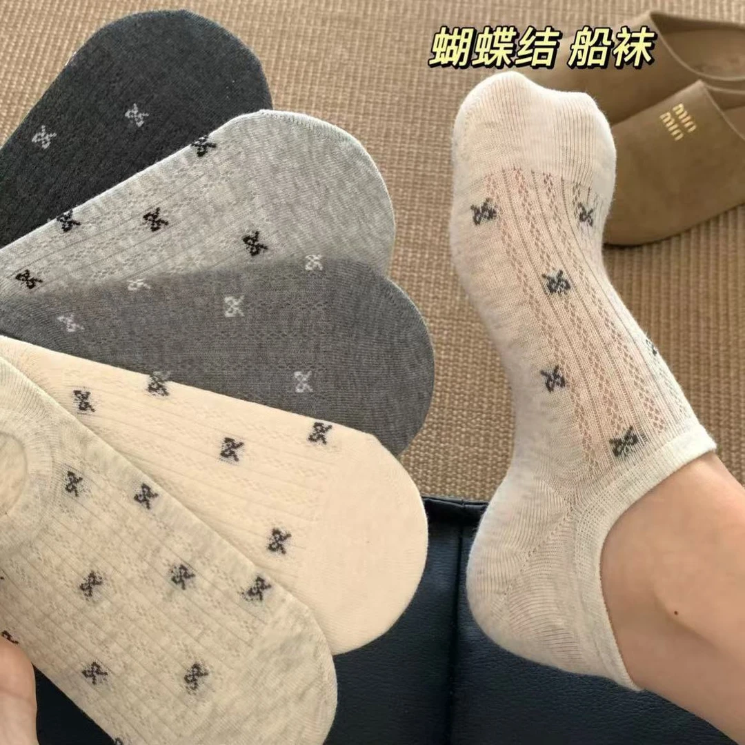蝴蝶结袜子女款船袜白色夏季薄款网眼透气网红女生学生浅口隐形袜