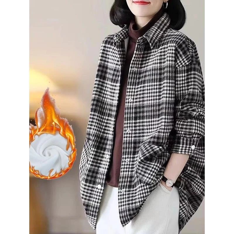 女性天鹅绒外套秋冬拉丝棉长袖衬衫加厚格纹宽松中长保暖上衣