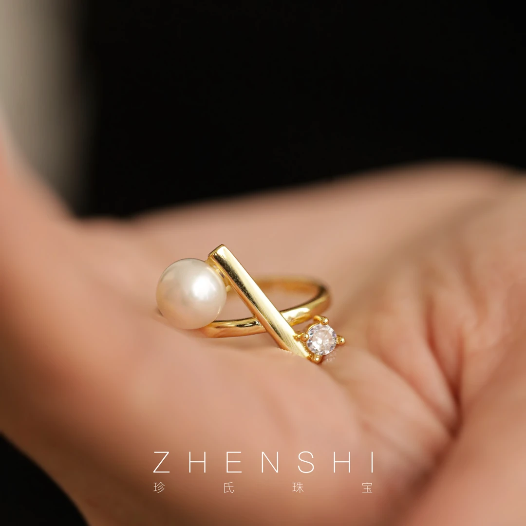 珍氏珠宝 天然淡水珍珠戒指女款 正圆强光 小众设计开口戒 (璀璨)