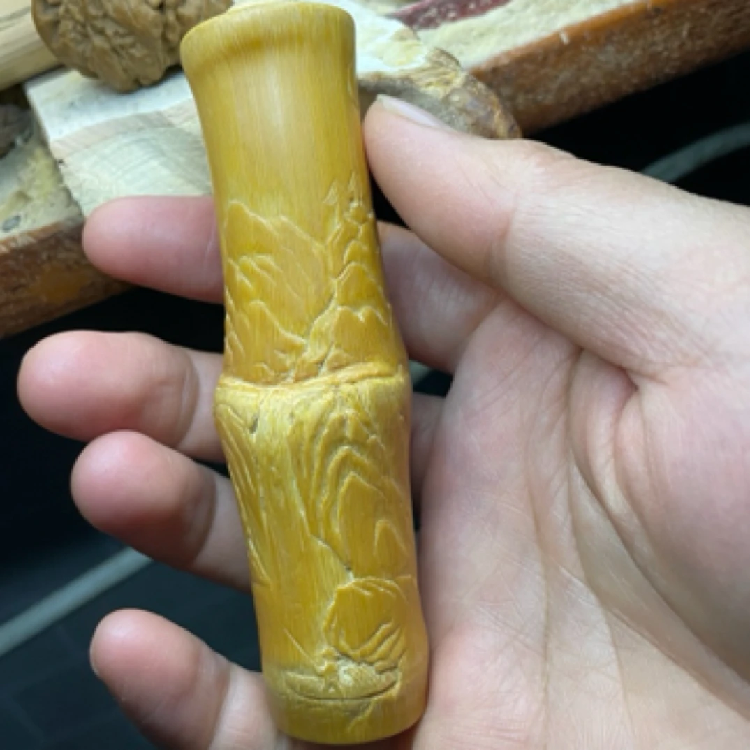实心竹手工雕刻山水图异形节镶嵌转珠手把件