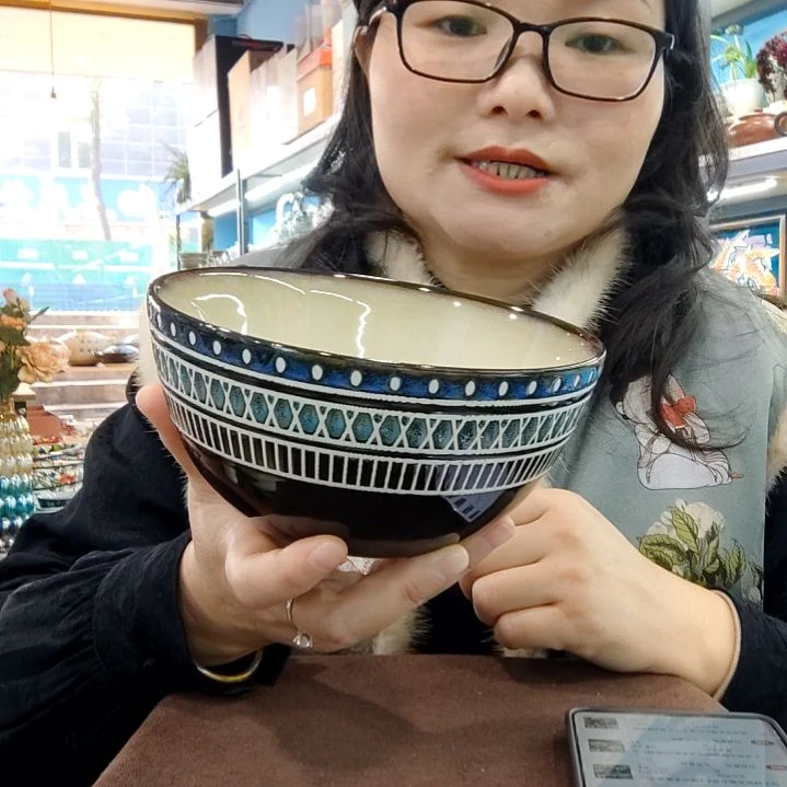 瓷片小可陶瓷高温釉下彩一组六只面碗