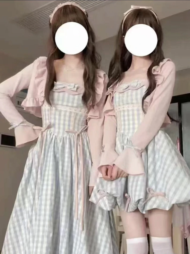 【茄子专属】穿搭一整套装蝴蝶结花苞连衣裙女粉色防晒衫披肩
