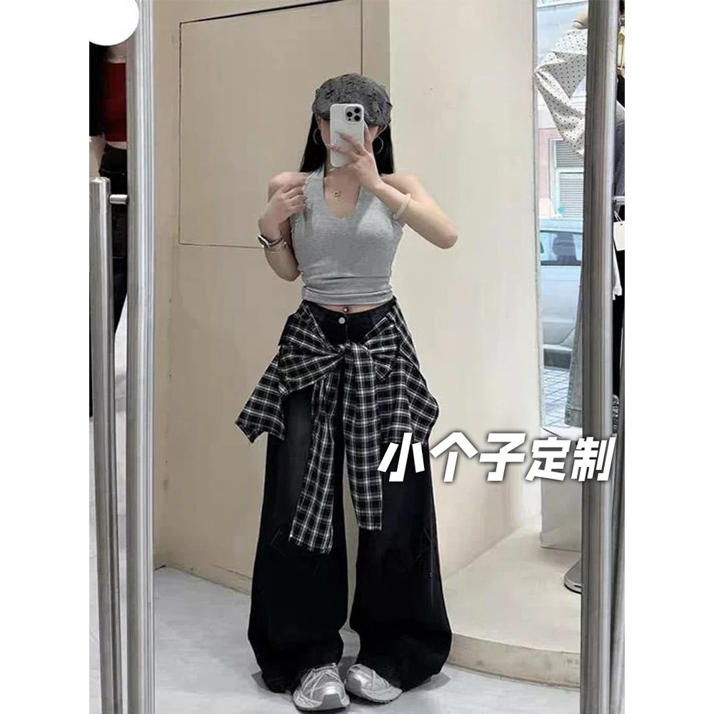 150小矮个子假两件屁帘牛仔裤女秋设计感复古高腰显瘦直筒阔腿裤