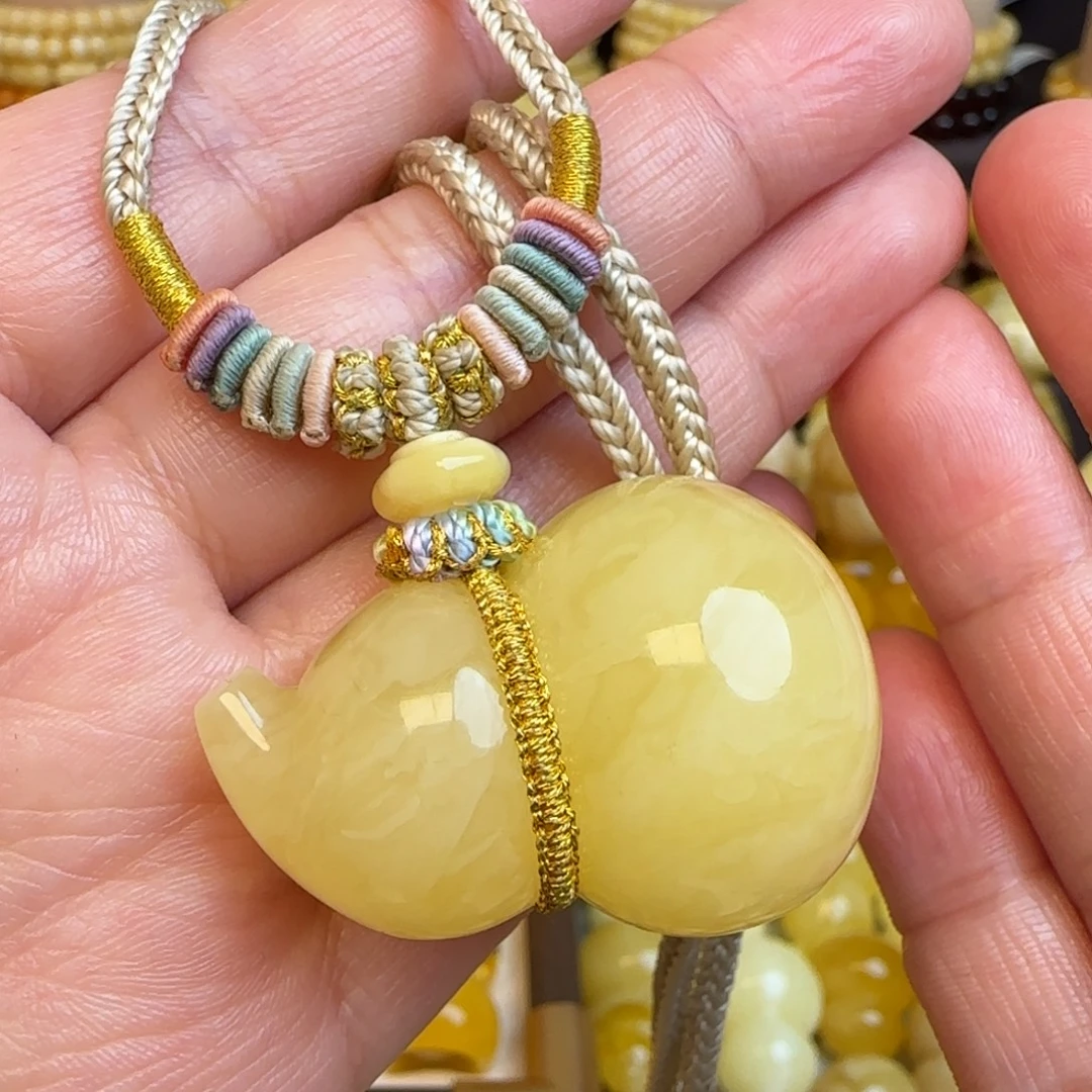 琥珀未镶嵌套链天然虎皮妖花蜜蜡葫芦吊坠