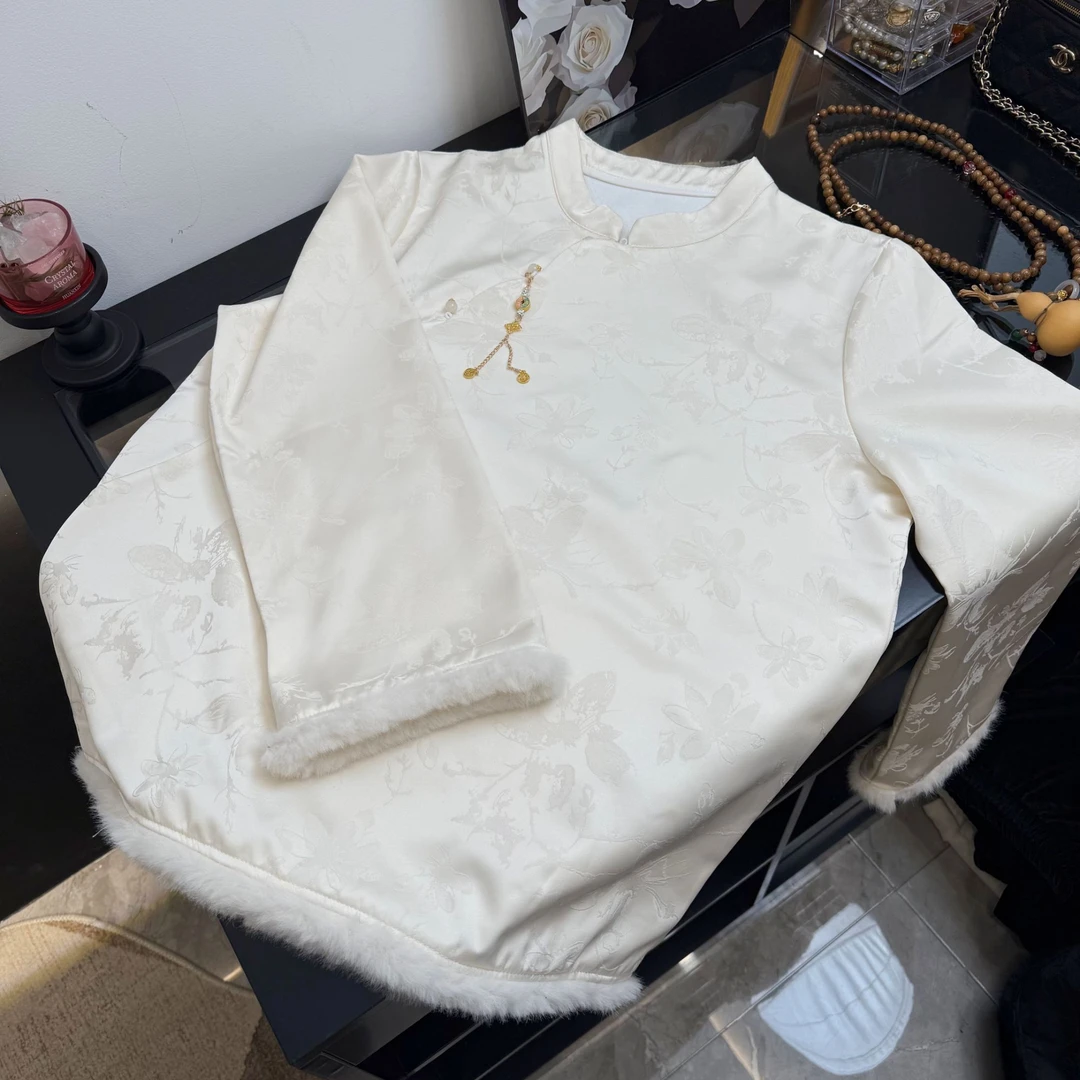 中国风新中式女款上衣长款提花斜襟上衣女装长袖复古时尚立领