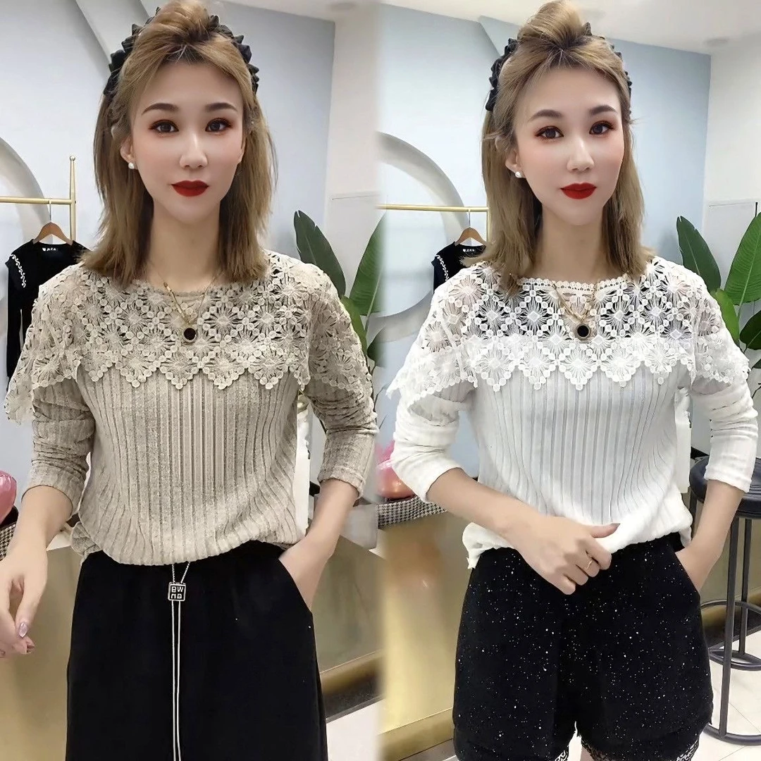 欧洲站2025秋冬季新款针织磨毛显瘦上衣时尚蕾丝拼接透视打底衫