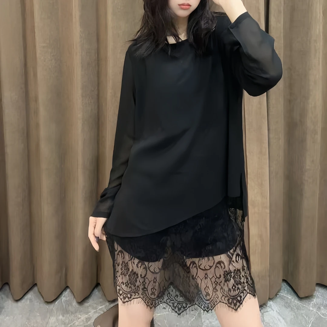 设计款2025春季新品时尚洋气蕾丝圆领宽松显瘦百搭长袖衬衫上衣潮