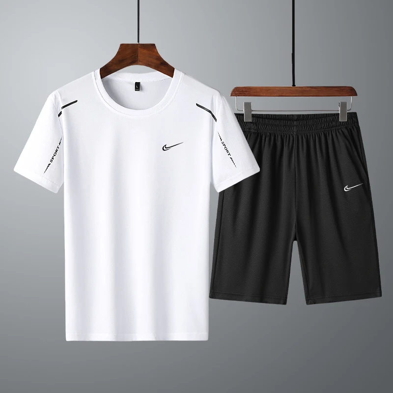 夏季冰丝速干圆领套装男女同款运动健身休闲透气上衣短裤