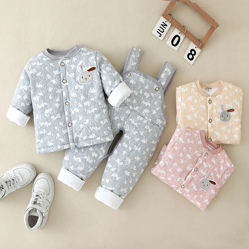 儿童冬季加厚背带套装婴幼儿棉袄棉裤冬款夹棉男女宝开档漏脚分体