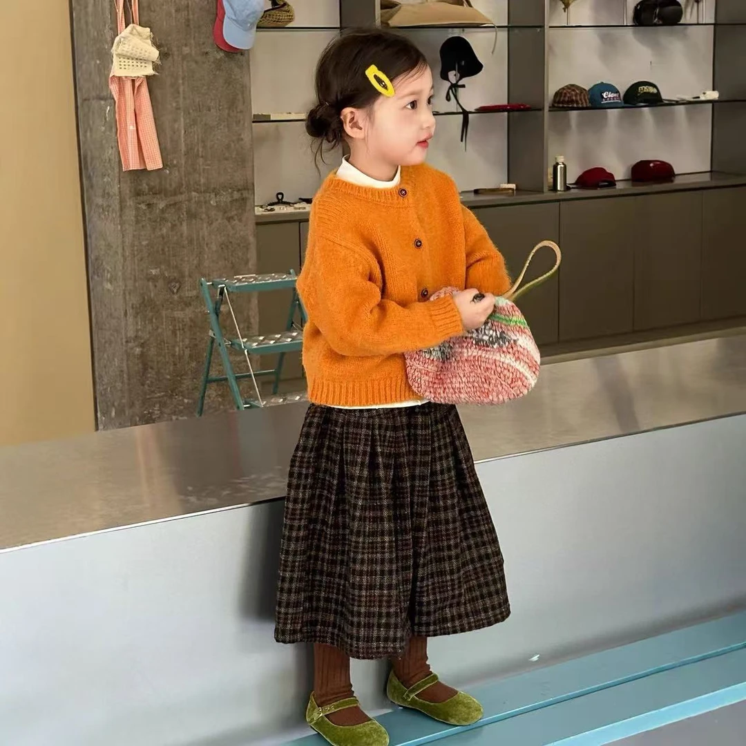 女童秋季套装2025新款韩系可爱针织外套宝宝百搭千鸟格裤子两件套