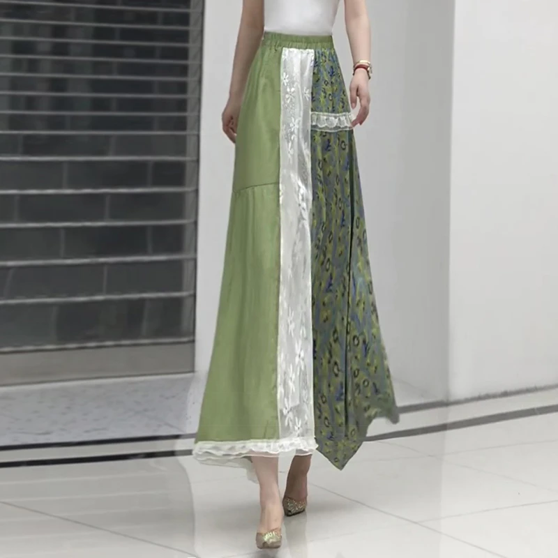 2025夏季新款碎花森系蕾丝拼接半身裙松紧腰长裙不规则田园伞裙女