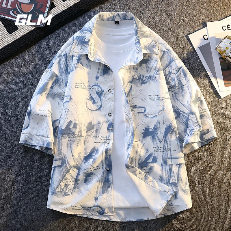 GLM痞帅印花短袖衬衫男士夏季薄款冰丝外套青年休闲透气翻领衬衣