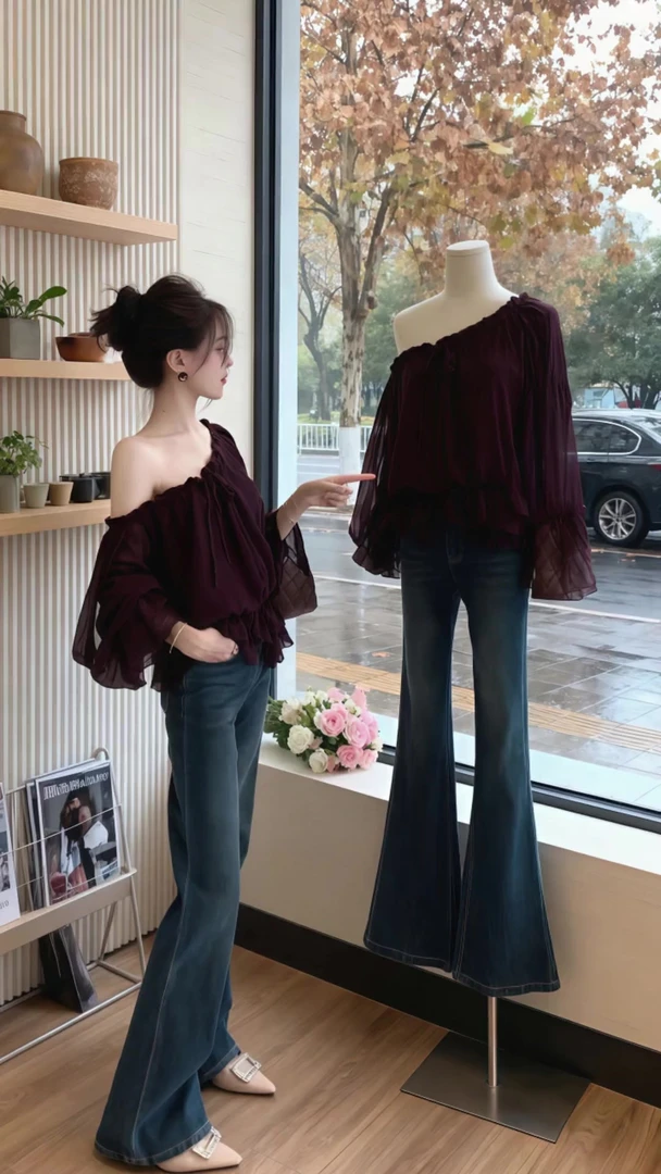 【现货】超好看辣妹高级感别致上衣女纯欲风气质宽松减龄一字肩小衫