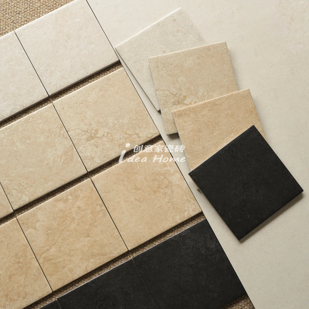 中古风莱姆石仿古砖厨房卫生间浴室民宿餐厅服装店米黄黑色墙地砖